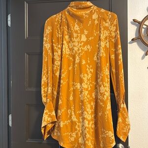 FREE PEOPLE Satin High Neck Bell Sleeves Mini Mustard Dress
